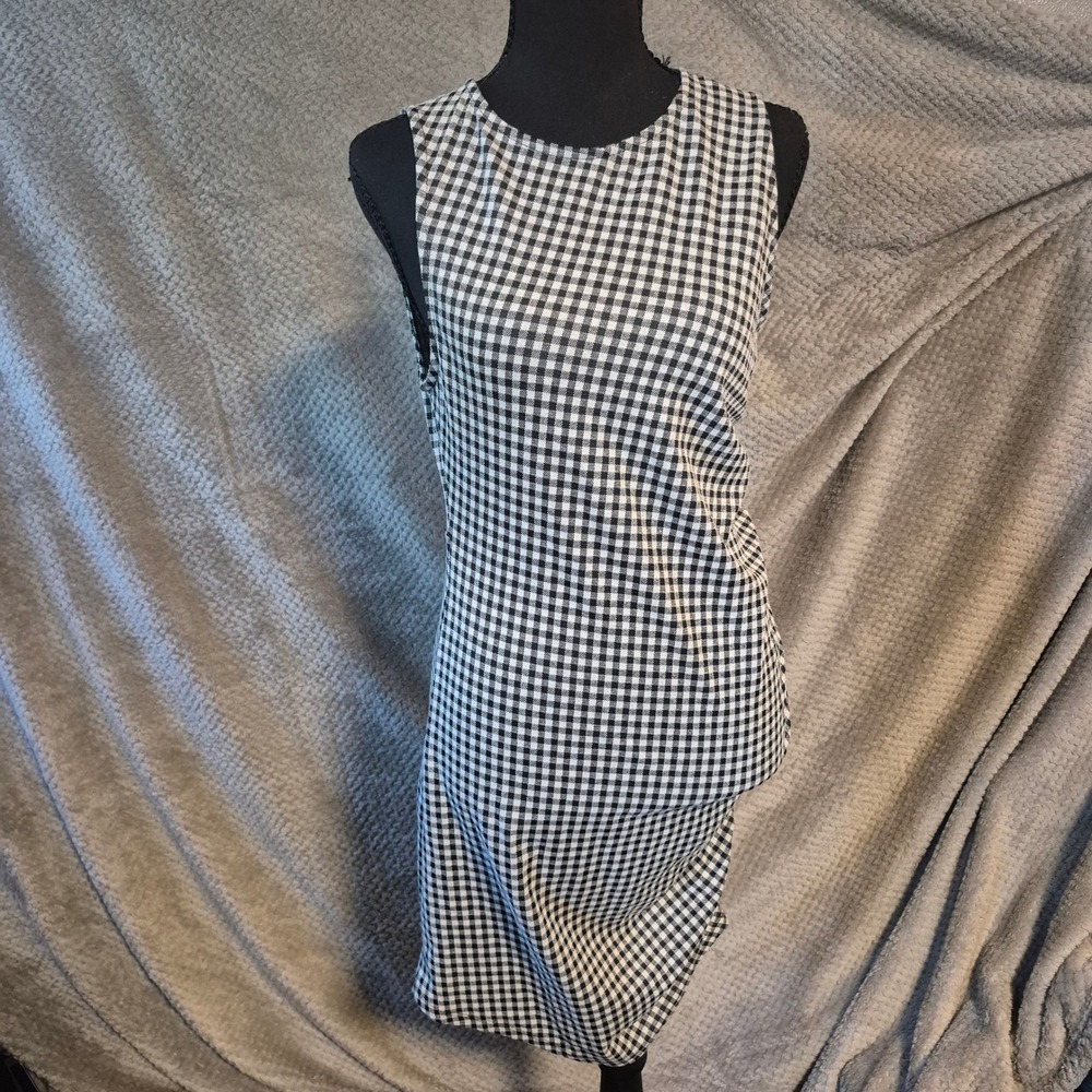 Zara Women Black White Gingham Ruched Sleeveless Sheath Dress Size L 4215/418